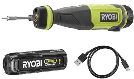 Ryobi RSI4-120G, Saldatore a Batteria Ricaricabile con USB-C, Temperatura Fino a 460 °C, Luce LED, Impugnatura Ergonomica, per Progetti di Hobbistica, 1 Batteria da 2,0Ah Inclusa
