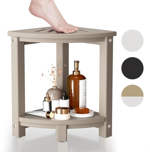 Ciokea Sgabello da doccia angolare, sedile impermeabile in HDPE, robusto, poggiapiedi per gambe da barba con ripiano portaoggetti, in legno
