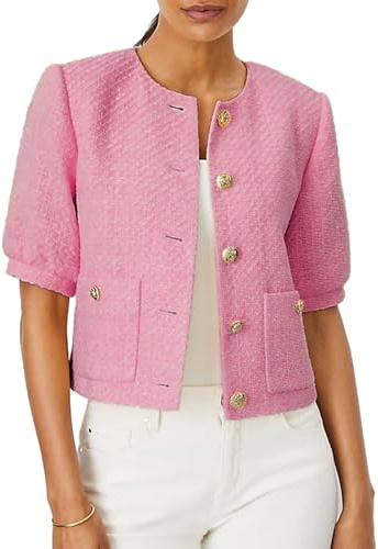 LifeShe Puff Short Sleeve Tweed Jacket Women Cropped Jackets Summer Open Front Office Work Blazer Coat, Rose, M