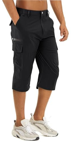 EMATOP 3/4 Cargohose Herren Leichte Vintage Wanderhose Schnelltrocknend Cargo Bermuda Shorts mit 6 Taschen Kurz Hose Outdoor Trekking Shorts Sommer Arbeit Sporthose Bequem Einfarbig Freizeithose