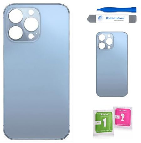 Globalstock Vitre arrière de Cache Batterie Remplacement - Coque Cache Batterie Compatible pour iPhone 13 Pro Bleu + adhésif et Kit Outils