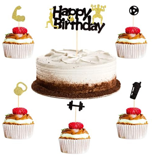 21 Stück Fitness Kuchen Dekorationen, Fitness Cupcake Topper, Papier Hantel Thema Kuchen Deko, Wasserbecher Muskel Glitzer Party Zubehör Sport Männer Gym Powerlifter Geburtstagsfeiern Schwarz Gold