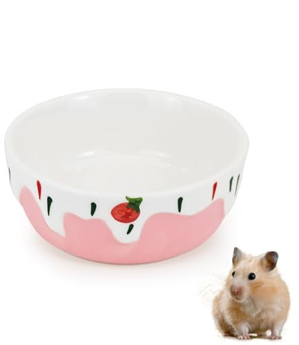 LuckyOpt Round Ceramic Hamster Bowl, Hamster Food Bowl with Cute Strawberry Pattern, Anti-Tipping Easy to Clean Hamsters Small Animal Food Water Bowls for Gerbils, Parrots, Guinea Pigs (Pink)