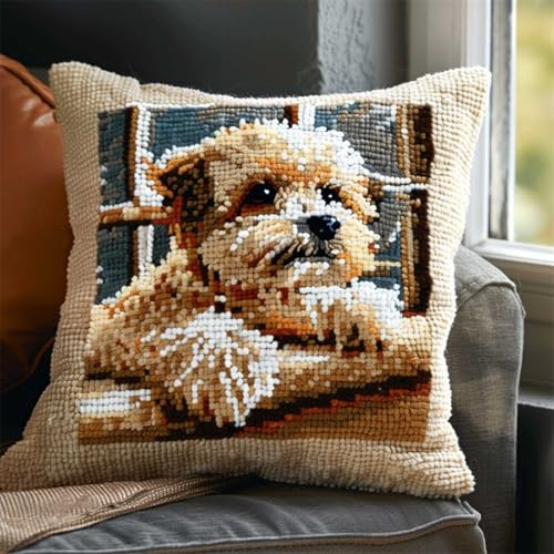 RKFLGEW DIY knüpfen set anfänger Süßer Hund knüpfkissen mit vordruck Cartoon-Tiere Knüpfhaken-Kissen-Set,DIY-Kissenbezug zum Basteln,bedruckte Leinwand für Anfänger,Stickerei,Bastelkissen 43x43cm