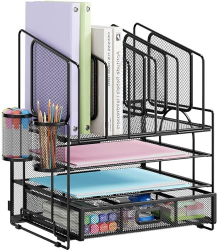 VITVITI 4 in 1 Desk Organiser Tray, 2 Tier Letter Paper Trays, 5 Vertical File Stand, 2 Pen Holders and 1 Drawer for Office Tidy - Black