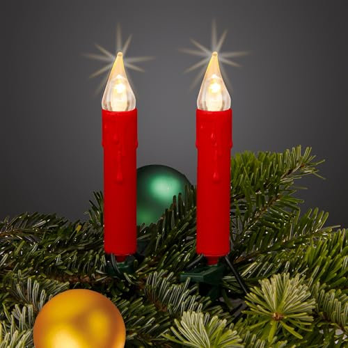 hellum Lichterkette LED Kerzen rot, Lichterkette innen mit 20 LEDs warmweiß, Kabel grün, 5,7m beleuchtet + 2 x 1,5m Zuleitung, Kerzen, Weihnachtsbaum, Hellgkeit <59 lm 151701