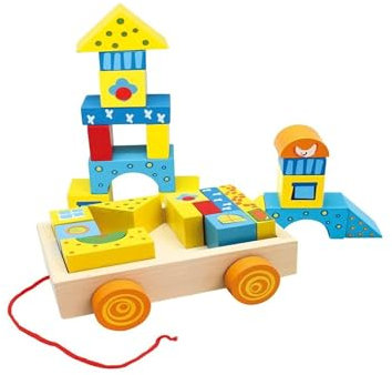Schiebewagen mit 19 bunten Holzbausteinen, Nachziehwagen für Kinder, aus Natur-Holz, Kompakt und Stabil, 17,5 x 15,5 x 6,2 cm