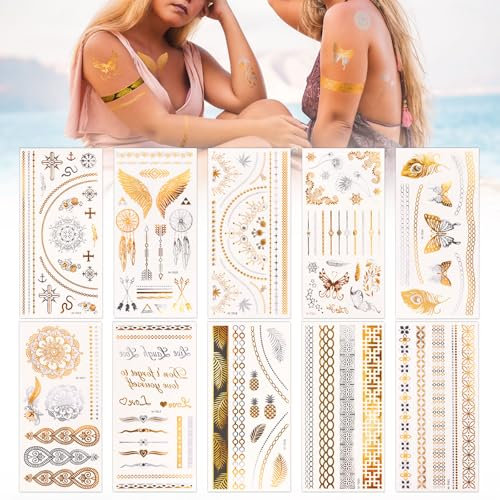 Glitzer Gold Temporäre Tattoos zum Aufkleben Damen Flash Tattoos Metallic Festival Accessoires Party Zubehör Frauen Mädchen Haut Klebetattoos Erwachsene Halloween (Gold-Silberig)