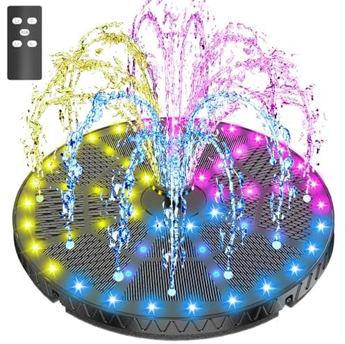 SZMP Fuente Solar 6W con Mando a Distancia,54 Leds Colorido con Baterías 4000mAh,2025 Nuevo Bomba de Agua Solar,8 boquillas y 4 fijadores,para Estanque de Jardín Fuente,Baño para Pájaros,Piscina