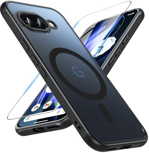 OWKEY Google Pixel 9a Hülle, Magnetisch Pixel 9a Hülle für Magsafe mit Panzer Glas, [Schutz in Militärqualität] Translucent Matte Stoßfest Handyhülle Pixel 9A Case Dünn Cover Schutzhülle, Schwarz