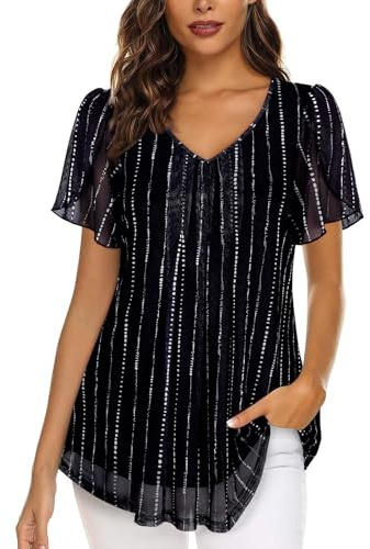 ACDAY Ladies Tops and Blouses Womens Business Work Clothes Ruffle Short Sleeve Chiffon Blouse for Ladies Going Out Tops for Women UK Double Layer Dressy Tops V Neck Elegant Tunics Tops for Women UK