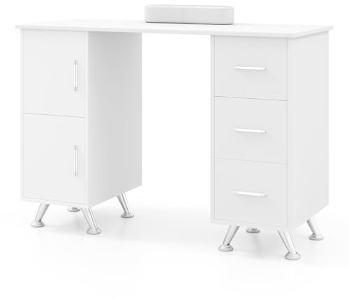 COSTWAY Maniküretisch mit Schubladen, Schränken & Handballenauflage, Nageltisch mit acetonbeständiger Tischplatte, Maniküre Tisch (Weiß)