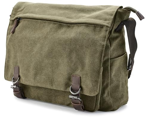 Trendhim Messenger Bag Herren | Canvas Umhängetasche mit Lederdetails & Laptopfach | Schultertasche für Alltag, Arbeit, Büro & Freizeit, 15 Zoll | Khaki