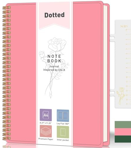 PYNEX Notizbuch A4 Dotted,Bullet Dotted Journal, Ringbuch,21.5 x 27.9cm, 105gsm, Mit Lesezeichen - Lineal, Innenfach und dickem - Rosa