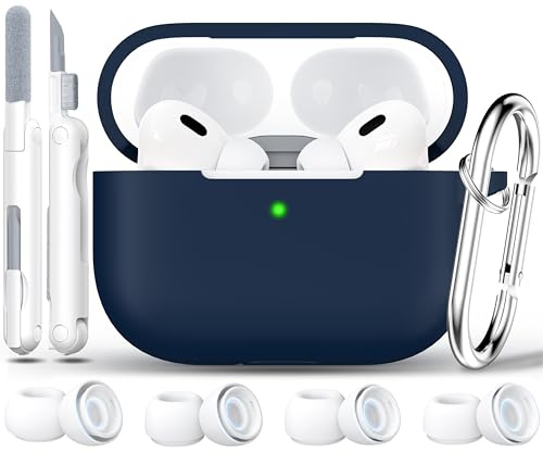 RFUNGUANGO Kompatibel mit AirPods Pro 2. Generation Hülle (2023/2022/2019), weicher Silikonschutz für AirPod Pro Hülle (USB-C/Lightning-Kabel) mit Reinigungsset und Ohrstöpseln, Mitternachtsblau