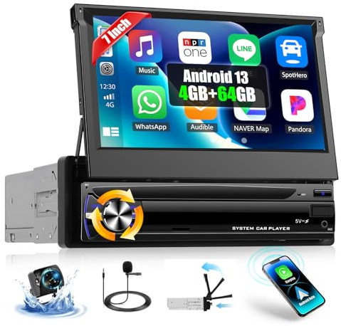 OiLiehu 4G+64G Android 13 Autoradio 1 Din avec CarPlay Android Auto sans Fil, 7“ IPS Rétractable Manuellement Écran Tactile, avec GPS WiFi Lien Miroir Bluetooth FM/RDS EQ USB TF SWC Caméra Arrière