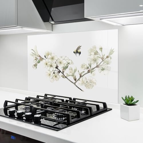 ARTHUB® Küchenrückwand aus Glas 60x80 cm, 4mm ESG | Spritzschutz, Glasplatte, Herdspritzschutz, Wandschutz für Herd, Hartglas, Landschaften, Frühling, Bee Spring Flower
