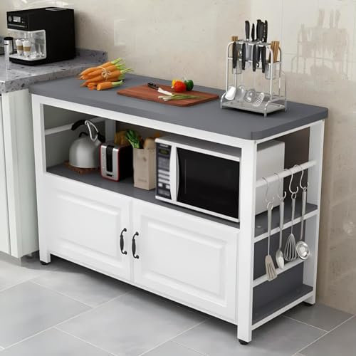 Isla de cocina industrial con encimera grande, estante para horno microondas, estante para panadería, mesa de café, armario de almacenamiento y ganchos, color gris, 60 x 35 x 80 cm