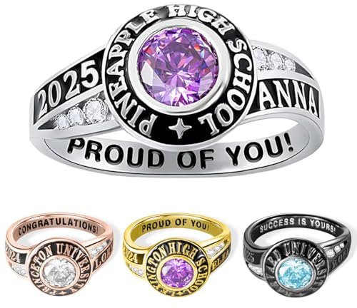Personalisierte Abschlussring mit Geburtsstein | Benutzerdefinierte Siegelring aus Sterlingsilber oder vergoldet | Klasse von 2025 Abschlussring | High School und College Graduierungring mit Name