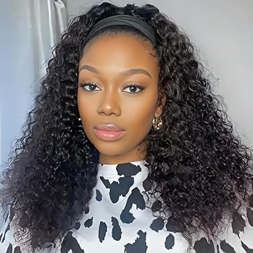 Perruque Femme Naturelle Brésilien Perruques Bandeau 100% Cheveux Humains 16 Pouces Headband Wigs Frisée Longue Sans Colle Pour les Femmes Noires 150% Densité Deep Wave Wig Couleur Naturelle (40cm)