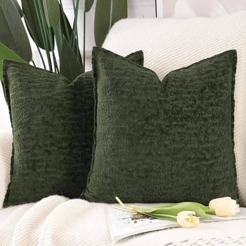 Madizz 2er Set Chenille Samt Kissenbezüge mit Rand Dekorativ Weiche neutrale Wurfkissen für Sofa Boho Akzent Zierkissenbezüge für Schlafzimmer Wohnzimmer Grün 45x45 cm