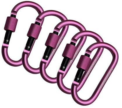 Confezione da 5 moschettoni rosa resistenti – Chiusura a vite in alluminio con anello a D per campeggio, escursionismo, sopravvivenza e attrezzatura all'aperto
