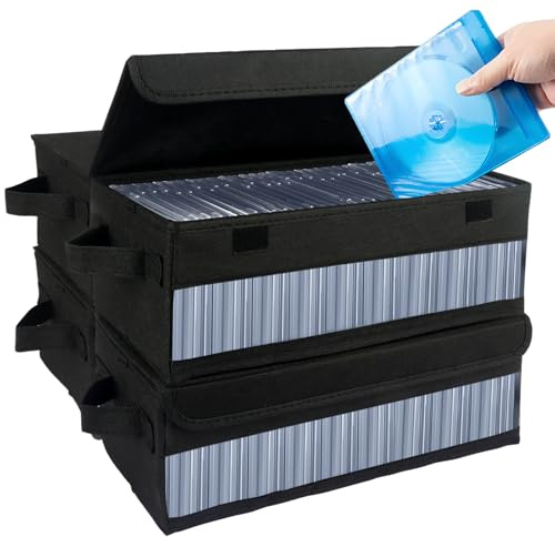 Jonuin 4 Pack CD Storage Boxes with Cover, 14.4x6.3x5.5 CD Storage Case, Side Visual CD Case, CD Box Holds 30 CDs in Full Jewel Cases, 60 CDs in Slim Cases, and 170 Discs in CD Sleeves, Black
