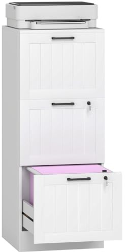 HOMCOM 3 Drawer File Cabinet with Lock, Vertical Filing Cabinet with Adjustable Hanging Bars for A4 and Letter Size File Folders, Printer Stand with Storage, White