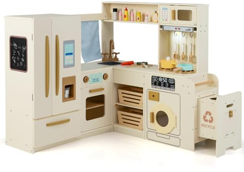 COSTWAY Cuisine d'angle en Bois Enfant avec Lumières & Sons, Jeu de Cuisine Enfant avec Réfrigérateur & Poubelle & Machine à Glaçons & Micro-Ondes, 22 Accessoires & Tableau Noir pour 3 Ans+
