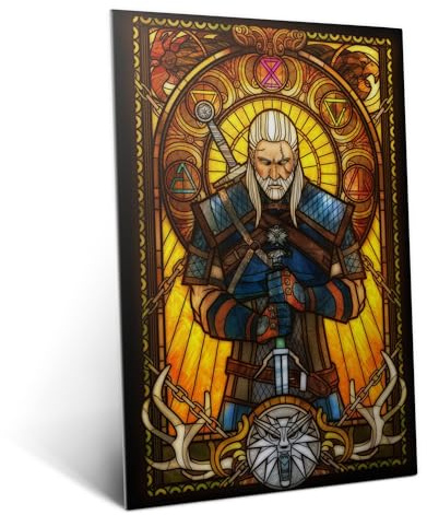 Displate Metallposter The Witcher 3 - Stained Glass - Geralt Plakat - Spielzimmer Zimmer Deko - Bilder Schlafzimmer - Geschenk - Wanddeko Metall Poster 32 cm x 45 cm