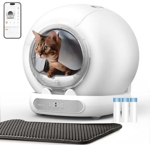 Self Cleaning Cat Litter Tray, 74L Automatic Cat Litter Tray with Curtain Trash Bags Mat, Smart App Odour Control, Anti-pinch Secure Self Cleaning Cat Litter Box for Multi-cats, Silver