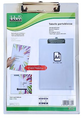 Lebez - Portablocco A4 Trasparente a Doppia Lettura con Tasca Personalizzabile e Bloccafogli in Metallo – Cartellina Rigida con Pinza e Porta Avvisi, Cancelleria Ufficio Accessori, Formato 22 x 33 cm