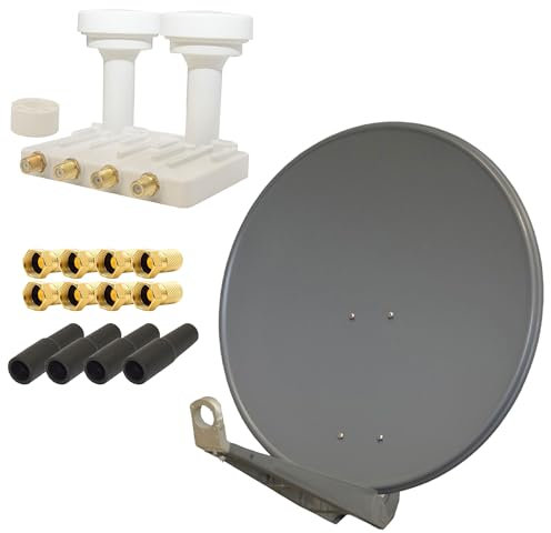 PremiumX DELUXE80 Aluminium 80cm Digital SAT Schüssel Spiegel Anthrazit + PremiumX Monoblock Quad PXMB-6QW LNB WE 0,1dB Astra 19,2° Hotbird 13° + 4X Gummitülle und 8X F-Stecker