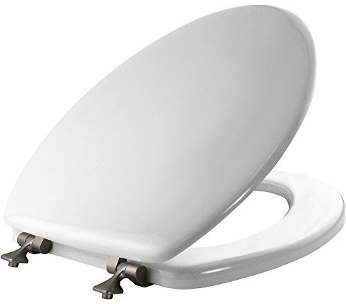 MAYFAIR 1844BNA 000 Toilet Seat with Brushed Nickel Hinges will Never Come Loose, ELONGATE, White - Brushed Nickel