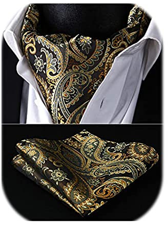 HISDERN Krawattenschal Gold Herren Paisley Hochzeit Ascot Krawatte Taschentuch Business Blumen Halstuch und Einstecktuch Set