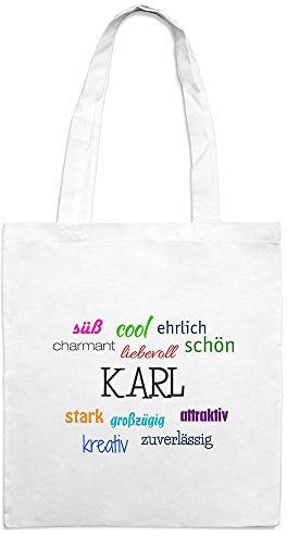 Jutebeutel mit Namen Karl - Motiv Positive Eigenschaften - Farbe weiß – Stoffbeutel, Jutesack, Hipster, Beutel