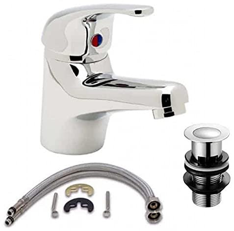 Bathroom Mono Basin Mixer Tap With Round Brass Spring Plug Push Button | Single Lever Tap Including Fittings & Slotted Spring Waste - Brass Polished