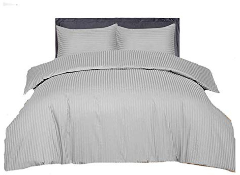 AR Textile 5 Star Hotel Quality 100% Egyptian Cotton Satin Stripe Duvet Cover Set With Pillowcases in White & Cream Colour (Double, Grey)