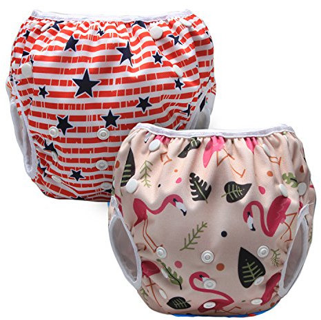 Luxja Couches de Bain, Bébé Maillot de Bain 2PCS, Lavable, Réutilisable, Ajustable, Pour les enfants de 0-3 Ans, Flamant Forêt + Étoiles Rouges