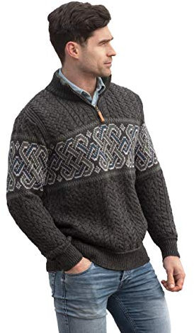 Aran Crafts Men's Irish Cable Knit Half Zip Jacquard Sweater (X4843-XL-CHAR) Charcoal