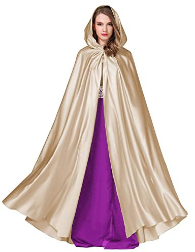 BEAUTELICATE Umhang Damen mit Kapuze Satin Cape Mantel Lang für Hochzeit Brautkleid Fasching Halloween Kostüm Mittelalter Robe Vampir Hexen (Champagner, Einheitsgröße)