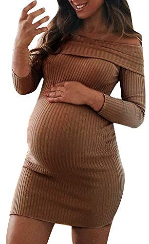 Femme Robe Pull Hiver Chaud Confortable De Maternité Femme BéBé Allaitant Enceinte Grossesse Robe Tricot Manche Longues Epaule Denudee Grand Taille Dress (M(EU44), Marron)
