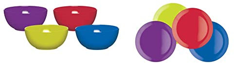 Colourworks Melamine Snack Plates, 23 cm, Multi-Colour, Set of Four & Melamine Plastic Bowls, Classics Colours, Set of 4
