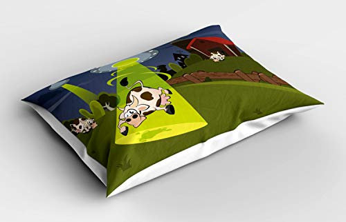 ABAKUHAUS Karikatur Kissenbezug, Bauernhof-Kuh-Alien Comics, Dekorativer Standard King Size Gedruckter Kissenbezug, 80 x 40 cm, Mehrfarbig