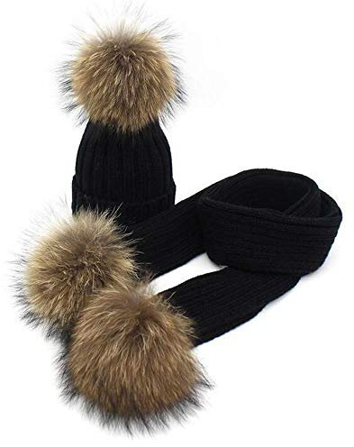 Premewish Mädchen Jungen Strick Mütze Beanie Wolle Schal Wollmütze Bommelmütze Winterschal Kombi Set Kinder mit Echtfell (Schwarz)