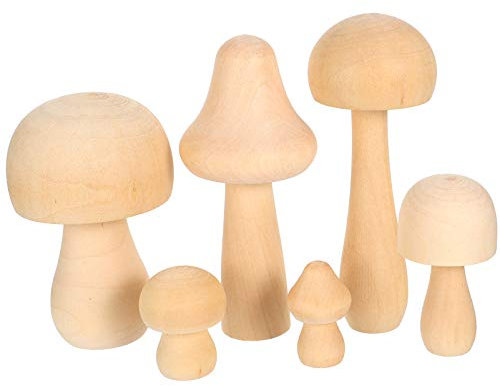 EXCEART 6Pcs Holz Pilz SetNatürliche Unfinished Pilze Verschiedene Größen Plain Unlackiert Holz Pilz Figuren für Kunst Und Handwerk Projekte