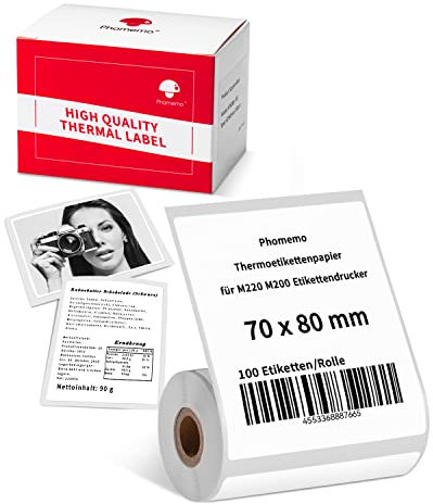Phomemo Thermoetikettenpapier für M220 M250 M221 M421 Etikettendrucker - Multifunktionales Selbstklebendes Etikett, für Büro,Lager,Adressetikett,Transport,1 Rolle, 70x80mm,100 Etiketten/Rolle