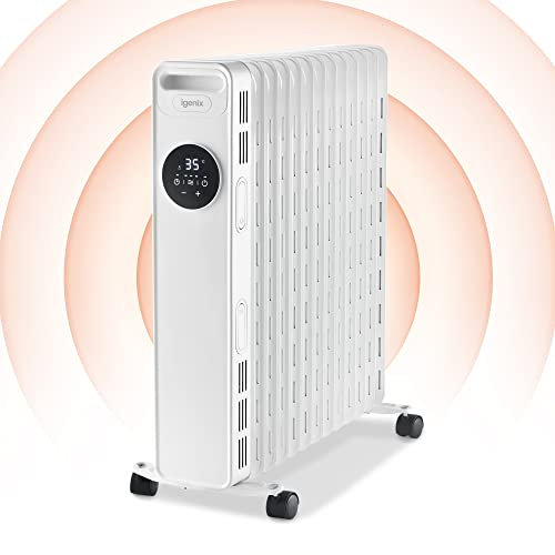 Igenix IG2626 Digital Oil Filled Radiator, 2.5kW/2500W 13 Fin Electric Heater with Remote Control, 3 Adjustable Heat Settings & Overheat Protection, 2500 W, White
