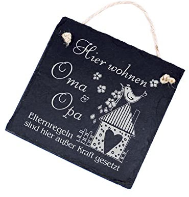 Dekolando Schild Spruch Hier wohnen Oma & Opa Elternregeln - Großeltern Geschenk Türschild graviert aus Schiefer 11 x 11 cm