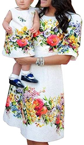 Yming Mutter und Tochter Rundhals Kleid Hohe Taille Knielang Kleid Halber Ärmel Kleid Blumen Weiß L